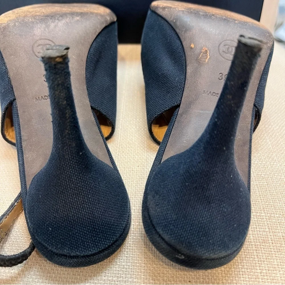 Chanel Vtg CC Logo Black Slingback Camelia Raffia Heels Peep Toe Shoes Y2W 8 - Picture 13 of 17